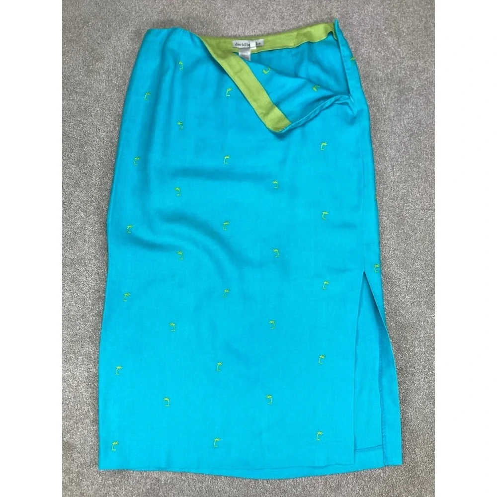 David Brooks VTG Linen Embroidered Midi Skirt Womens 14 Blue Summer Coastal Chic